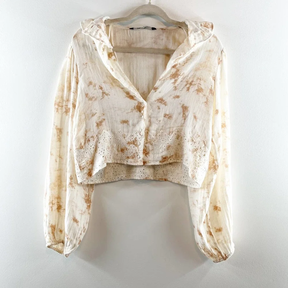 Zara Cream Tie-Dye Eyelet Lace Cropped Blouse
